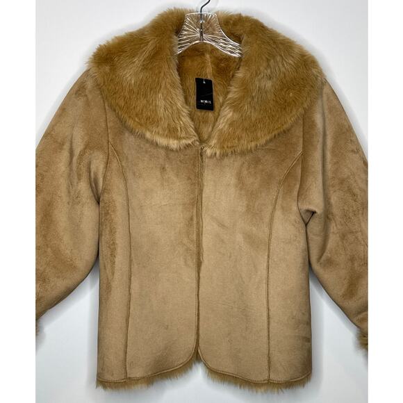 NWT Mixit Retro Faux Suede Fur large shawl collar Jacket coat Camel Brown large - Picture 2 of 15